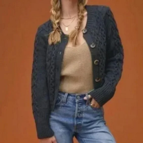 Anthropologie Maeve Cable Knit Fuzzy Shrunken Cardigan Sweater Gray Medium - Picture 1 of 6